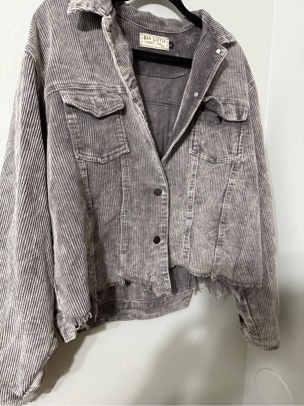 Grunge Cotton Corduroy Style Distressed Denim Crop Jacket Foggy Charcoal L